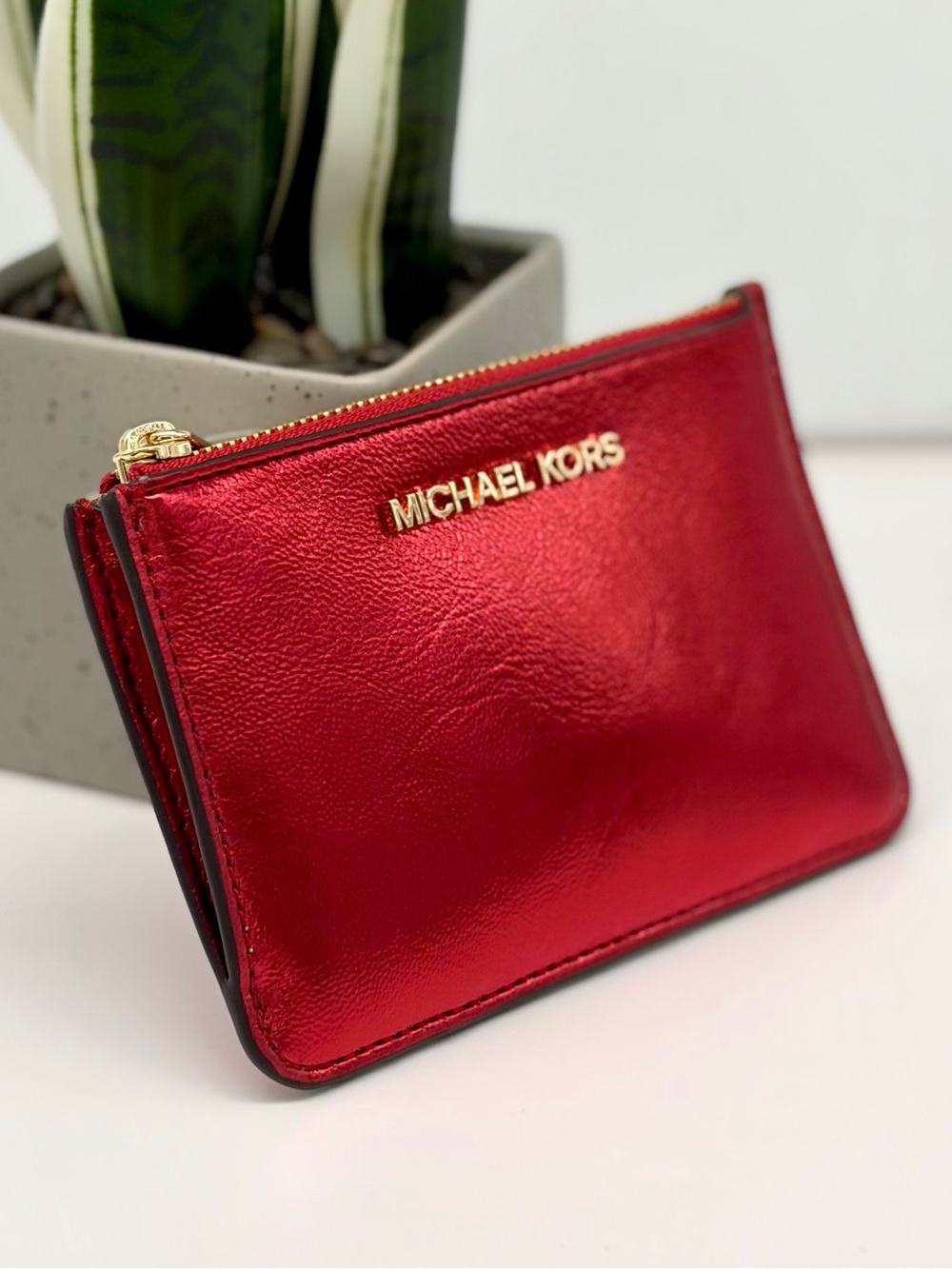 Michael Kors Metallic Crimson Red Zip Coin Pouch Key Ring Wallet